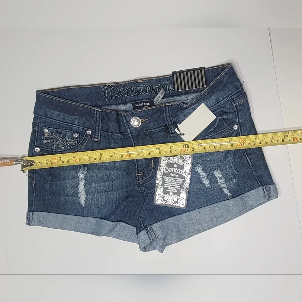 ❤️ MONTANA JEANS SHORTS LOW WAIST EMBELLISHED RHINESTONE.SIZE: 5/6 COLOR:  BLUE - Picture 7 of 14